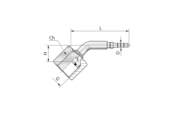 Końcówka do węża pomiarowego DN4 kolanko 45st. z nakrętką pod manometr G1/4" (uszczelnienie z oringiem) 3614OR44